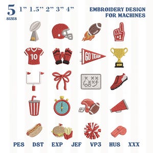 May include: A digital collection of 20 American football-themed embroidery designs for machines, available in 5 sizes from 1 to 4 inches. Icons include a trophy, helmet, football, foam finger, jersey, gloves, pennant, goal post, bow, play chart, and shoe.
