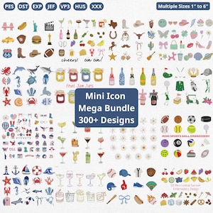 May include: A collection of colorful mini icons, including food, drinks, sports equipment, and travel symbols. The image features the text "Mini Icon Mega Bundle 300+ Designs" and "Multiple Sizes 1" to 6".