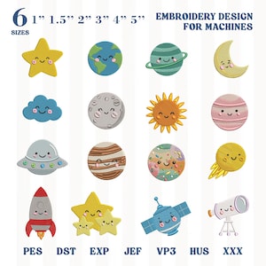 May include: A collection of sixteen embroidered space-themed designs featuring a yellow star, Earth, a ringed planet, a crescent moon, a blue cloud, a gray moon, a sun, a pink planet, a UFO, Jupiter, a colorful planet, a comet, a rocket, three stars, a satellite, and a telescope. Text reads 6 SIZES 1" 1.5" 2" 3" 4" 5" EMBROIDERY DESIGN FOR MACHINES PES DST EXP JEF VP3 HUS XXX.