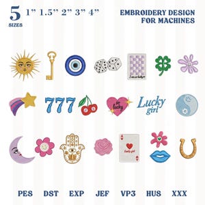 May include: A collection of embroidery designs for machines, featuring various symbols and motifs. Designs include a sun, key, dice, clover, shooting star, cherries, heart, yin-yang, moon, flower, hand, rose, playing card, lips, and horseshoe. Sizes range from 1" to 4".