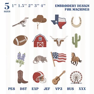 May include: A digital collection of 15 embroidery designs for machines, featuring icons like a mockingbird, cowboy hat, Texas map, horseshoe, football, barn, longhorn, cactus, bluebonnets, armadillo, US flag, horse, boot, helmet, guitar, and ferris wheel.