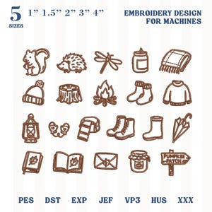 Fall Mini Embroidery Design Bundle | Autumn Outline Machine Files | Cozy Woodland And Camping Icons In 5 Sizes | PES JEF VP3