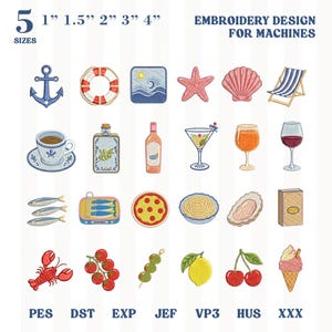 Op de afbeelding: Een assortiment borduurontwerpen voor machines, waaronder een blauwe anker, een reddingsboei, een strandscène, een zeester, een schelp en een strandstoel. Andere ontwerpen omvatten eten en drinken. Maten variëren van 2.5 cm tot 10 cm.