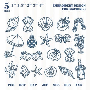 May include: A digital embroidery design set for machines featuring 19 blue line art icons including seashells, a beach umbrella, a disco ball, heart-shaped sunglasses, cocktails, and a bottle. Text includes 5 sizes: 1 inch, 1.5 inch, 2 inch, 3 inch, 4 inch.