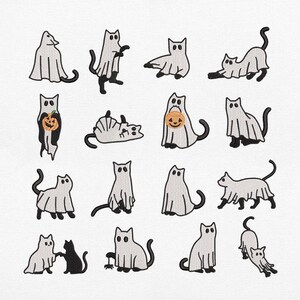 Puede incluir: Una colecci&oacute;n de diecis&eacute;is parches bordados que muestran gatos con disfraces de fantasma blancos. Algunos gatos sostienen calabazas de Halloween naranjas, mientras que otros aparecen en varias posturas, sentados, estir&aacute;ndose o con una ara&ntilde;a.