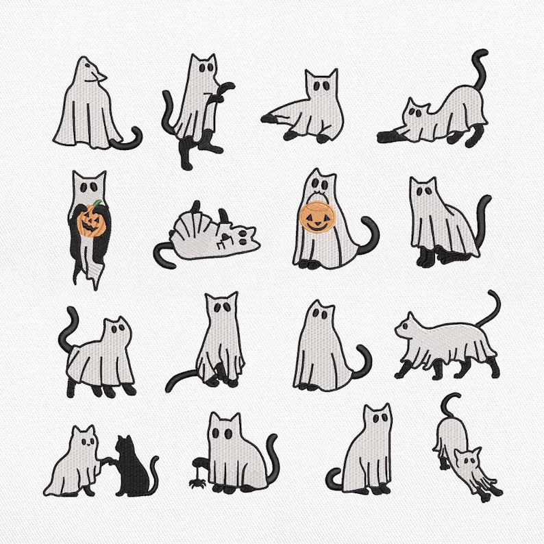Puede incluir: Una colecci&oacute;n de diecis&eacute;is parches bordados que muestran gatos con disfraces de fantasma blancos. Algunos gatos sostienen calabazas de Halloween naranjas, mientras que otros aparecen en varias posturas, sentados, estir&aacute;ndose o con una ara&ntilde;a.