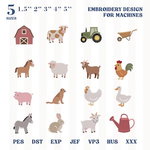 May include: A digital collection of farm-themed embroidery designs for machines, featuring a red barn, cow, green tractor, wheelbarrow, horse, sheep, goat, rooster, pig, dog, chicken, duck, donkey, rabbit, goat, and watering can in 5 sizes: 1.5", 2", 3", 4", 5".
