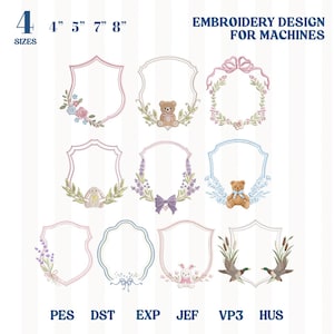 Monogram Wreath Crest Embroidery Bundle, Monogram Frame, Wedding, Baby Frame, Banner Frame Bow Embroidery, Branches Bow, Bunny, Bear Frame