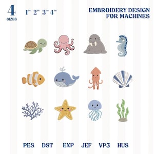 Paquete de diseños de bordado de animales marinos, conjunto de bordado de océano para bebés, máquina de bordar de animales marinos en miniatura, conjunto de bordado de animales marinos
