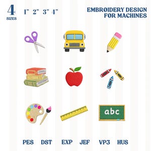 May include: Embroidery design for machines featuring school-themed patches. Includes a yellow school bus, red apple, pencil, crayons, scissors, books, paint palette, ruler, and a chalkboard with "abc" text. Sizes range from 1 to 4 inches.