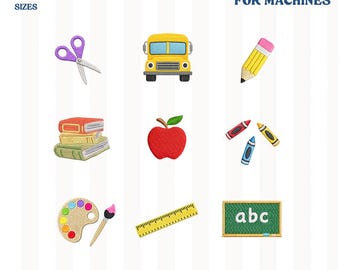 Mini diseño de bordado para regreso a clases, bordado a máquina para niños y niñas, autobús escolar, manzana, lápiz, bordado para niños, maestro