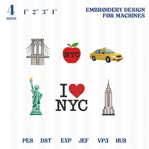 Puede incluir: Un conjunto de diseños de bordado con imágenes icónicas de la ciudad de Nueva York. Incluye diseños del puente de Brooklyn, una manzana roja con "NYC", un taxi amarillo, la Estatua de la Libertad, "I Love NYC" y el Empire State Building. Tamaños de 2,5 cm a 10 cm.