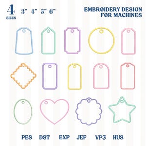 Puede incluir: Un diseño de bordado para máquinas con varias formas de etiquetas en azul, verde, morado, amarillo y rosa. Las etiquetas están delineadas con un borde cosido y miden 7.6 cm, 10.2 cm, 12.7 cm y 15.2 cm. El texto "EMBROIDERY DESIGN FOR MACHINES" se muestra en la parte superior.