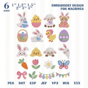 May include: A digital embroidery design set for machines featuring 6 sizes from 1 inch to 4 inches. The collection includes illustrations of bunnies, chicks, lambs, a bear, Easter eggs, a basket, a carrot, a tulip, a flower, a butterfly, and bunting.