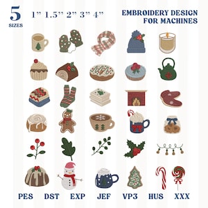 Può includere: Una collezione digitale di 30 ricami per macchine a tema invernale e festivo, disponibili in 5 dimensioni da 2,5 cm a 10 cm. Le icone includono una tazza, muffole, sciarpa, berretto, candela, cupcake, tronchetto di Natale, torta, teiera e biscotti.