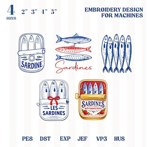 May include: An embroidery design for machines featuring sardine illustrations. Designs include sardines in a can, individual fish, and text that reads "Sardines" and "Sardines with Tomato Sauce". Sizes range from 5.08 to 12.7 cm.