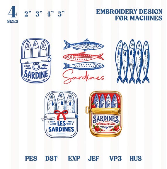 Sardines Embroidery Design Bundles, Whimsical Fish in a Can, Les Sardines Embroidery File,  Funny Fish Can Food Design, Vintage Sardines Art