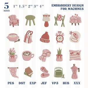 May include: A digital embroidery design set for machines featuring 20 icons in pink and green tones, including furniture, clothing, and household items. Text includes 5 SIZES 1" 1.5" 2" 3" 4" EMBROIDERY DESIGN FOR MACHINES and file formats PES DST EXP JEF VP3 HUS XXX.