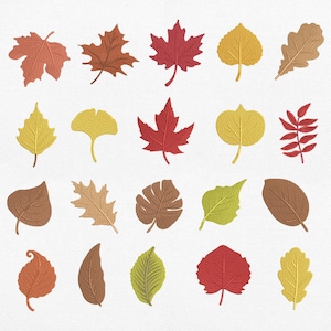 May include: A collection of twenty distinct leaf shapes arranged in a grid, featuring various botanical forms in shades of red, orange, yellow, brown, and green. Each leaf displays detailed surface textures and veins, presented as individual icons.