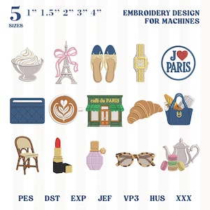 Op de afbeelding: Borduurontwerp set voor machines met Parijse thema's. Bevat een dessert, Eiffeltoren, sandalen, een horloge, een "I love Paris" embleem, een portemonnee, koffie, een café, een croissant, een handtas, een stoel, lippenstift, parfum, zonnebril en een theepot. Maten variëren van 2.5 cm tot 10 cm.