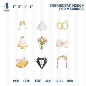 May include: An embroidery design sheet featuring wedding-themed images. Includes champagne glasses, a wedding dress, rings, a cake, flowers, an envelope, bells, a tuxedo, and an arch. The text reads "EMBROIDERY DESIGN FOR MACHINES" and "SIZES 1" 2" 3" 4".