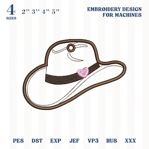 Puede incluir: Un diseño de bordado para máquinas que presenta un sombrero de vaquero con un corazón rosa y ribetes marrones. El sombrero es blanco con una banda y ribetes marrones. El diseño está disponible en 4 tamaños: 5.08cm, 7.62cm, 10.16cm y 12.7cm. También se incluye el texto "EMBROIDERY DESIGN FOR MACHINES".
