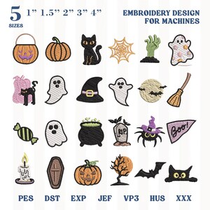May include: A digital collection of 24 Halloween-themed embroidery designs for machines, available in 1, 1.5, 2, 3, and 4 inch sizes. Icons include pumpkins, ghosts, a black cat, spider web, witch hat, tombstone, cauldron, candle, and bat.
