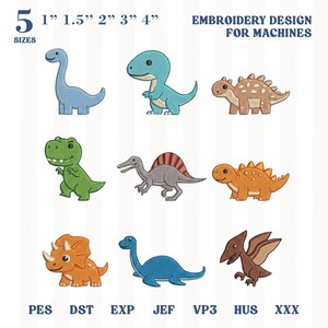 May include: A digital collection of nine dinosaur embroidery designs for machines, featuring various species in blue, green, brown, and orange. Text includes 5 SIZES 1" 1.5" 2" 3" 4" EMBROIDERY DESIGN FOR MACHINES and file formats PES DST EXP JEF VP3 HUS XXX.