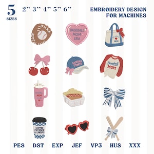 May include: A collection of twelve baseball-themed embroidery designs for machines, including a glove, heart, tote bag, cherries, cap, shirt, tumbler, hot dog, bow, coffee cup, heart sunglasses, and bats, available in 2, 3, 4, 5, and 6 inch sizes.