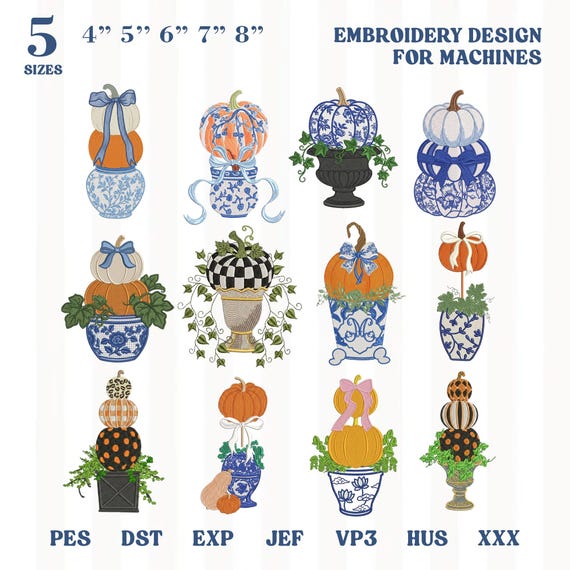 Southern Fall Pumpkin Topiary Bundle Machine Pattern, Maximalist Chinoiserie Planter Preppy Porch Decor, Mega Pack Pes Dst Jef Vp3