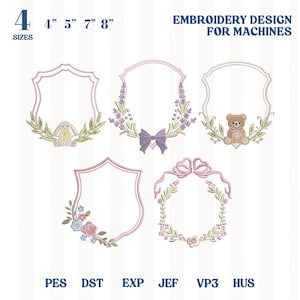 Paquete de diseño de bordado con marco de monograma, paquete de bordado con escudo de corona de monograma, pancarta para bebé, marco de boda, archivo de marco con lazo de hoja floral