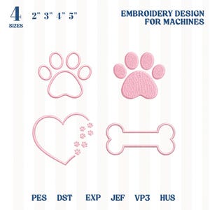 May include: Pink embroidery designs for machines, including a paw print, a heart with paw prints, and a bone shape. The designs come in four sizes: 2", 3", 4", and 5". The text "EMBROIDERY DESIGN FOR MACHINES" is also included.