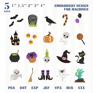 May include: A collection of Halloween-themed embroidery designs for machines, including bats, a tombstone, a raven, candy corn, a pumpkin, a skull, a haunted house, a cauldron, a cupcake, a witch hat, a black cat, a ghost, and a spider web.