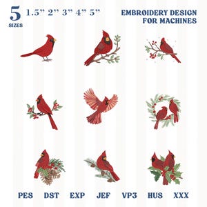May include: A digital collection of nine red cardinal bird embroidery designs for machines, available in 1.5, 2, 3, 4, and 5 inch sizes. The set includes various poses of cardinals on branches, with berries, pinecones, and wreaths in multiple file formats.