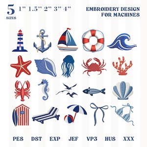 25 mini-broderimönster med kustmotiv, mini-maskinfil för nautiska mönster, maskinbroderifil för pastellfärgade havsmotiv, digital nedladdning