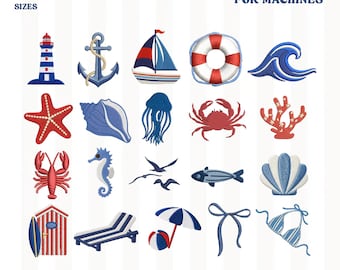 Paquete de 25 mini diseños de bordado costero, archivo para máquina de bordar náutico, archivo para máquina de bordar playa oceánica en tonos pastel, descarga digital.