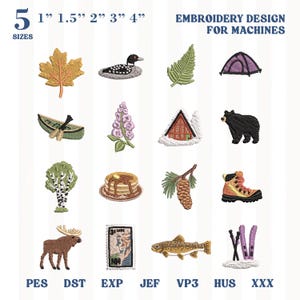 Op de afbeelding: Een digitale collectie van 16 borduurontwerpen voor machines, beschikbaar in 5 maten: 2,5 cm, 3,8 cm, 5 cm, 7,6 cm en 10 cm. De set bevat iconen van een esdoornblad, duiker, varen, tent, kano, sering, blokhut, beer, berk, pannenkoeken, dennenappel, wandelschoen, eland, postzegel, vis en ski's.