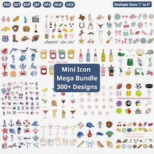 Pode incluir: Uma coleção digital de mais de 300 mini designs de bordado em um mega pacote, com ícones de bolas esportivas, coquetéis, vida marinha e temas festivos. O texto diz Mini Icon Mega Bundle 300+ Designs, formatos PES, DST, EXP, JEF, VP3, HUS, XXX, tamanhos de 2,54 cm a 15,24 cm.
