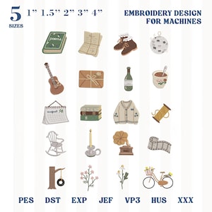 Könnte beinhalten: Eine digitale Sammlung von Stickmustern für Maschinen mit zwanzig Symbolen: Buch, Gitarre, Kalender, Schaukelstuhl, Baumschaukel, Brief, Bücherstapel, Kerze, Blumen, Stiefel, Flasche, Strickjacke, Grammophon, Discokugel, Tasse, Garnrolle, Filmstreifen und Fahrrad. Text: 5 SIZES 1" 1.5" 2" 3" 4" EMBROIDERY DESIGN FOR MACHINES PES DST EXP JEF VP3 HUS XXX.