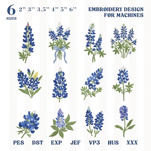 Peut inclure: Un ensemble de motifs de broderie numérique présentant douze illustrations de fleurs de lupin dans diverses dispositions. Le texte inclut 6 SIZES 2" 3" 3.5" 4" 5" 6" EMBROIDERY DESIGN FOR MACHINES et les formats PES DST EXP JEF VP3 HUS XXX.