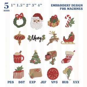 May include: A collection of sixteen Christmas-themed embroidery designs for machines, including a wreath, Santa, gifts, candy cane, ornament, Merry text, reindeer, sleigh, mug, tree, mailbox, stocking, present, envelope, round gift, and balloons in 5 sizes.