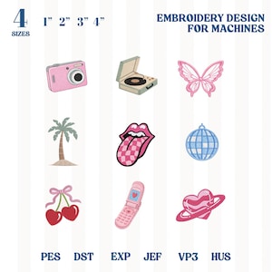 May include: A collection of machine embroidery designs in various sizes, including a pink camera, a record player, a butterfly, a palm tree, a checkered tongue, a disco ball, cherries, a flip phone, and a heart-shaped planet. The text "EMBROIDERY DESIGN FOR MACHINES" is also present.
