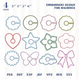 Puede incluir: Imagen que muestra diseños de bordado para máquinas, con diversas formas como corazones, estrellas y flores. Los diseños están disponibles en cuatro tamaños: 7.6 cm, 10.2 cm, 12.7 cm y 15.2 cm. Se muestran diferentes formatos de archivo.