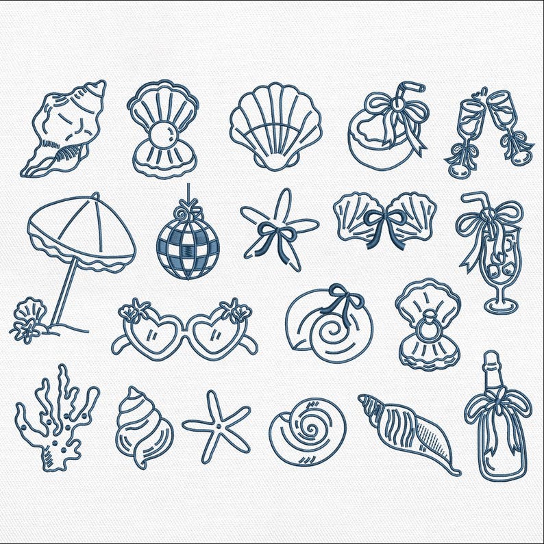 Coastal Bachelorette Line Art Machine Pattern Bundle, Coquette Beach ...