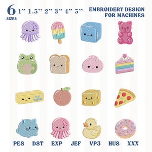May include: A collection of sixteen embroidered designs for machines, featuring cute characters and food items like a jellyfish, popsicle, ice cube, gummy bear, frog, bread, dumpling, cake, butter, peach, cheese, pizza, cat, duck, and donut, in 1" to 5" sizes.