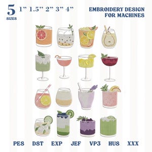 Può includere: Un disegno da ricamo digitale per macchine con 16 illustrazioni di cocktail in vari bicchieri, incluse guarnizioni di agrumi, bacche ed erbe. Il testo include 5 SIZES 1" 1.5" 2" 3" 4" EMBROIDERY DESIGN FOR MACHINES e i formati PES DST EXP JEF VP3 HUS XXX.