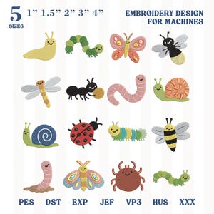 Puede incluir: Una colección de diseños de bordado a máquina coloridos con varios insectos, incluyendo un caracol, una mariquita, una mariposa y una abeja. Los diseños vienen en cinco tamaños, de 2,5 cm a 10 cm. También está presente el texto "EMBROIDERY DESIGN FOR MACHINES".