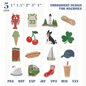 May include: A digital collection of 16 machine embroidery designs featuring a lobster, basketball jersey, lighthouse, cannoli, ice cream cone, cherries, dog, shamrock, building, hot dog, sailboat, baseball cap, swan, trolley, sock, and iced coffee.