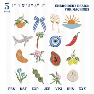 May include: A digital embroidery design collection featuring 16 icons including an orange, blue striped bow, champagne flutes, sunset, airplane, palm tree, evil eye, chili pepper, orange slice, flower, papaya, lemons, tulips, olives, and sand dollar.