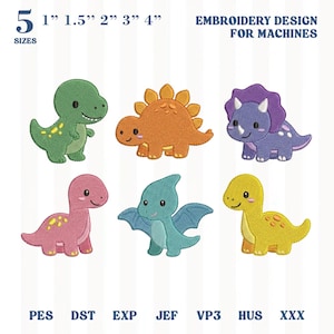 Söt baby dinosaurie mini broderidesign bunt, pastell kawaii T Rex maskinbroderifil, omedelbar nedladdning, Pes, Dst, Exp